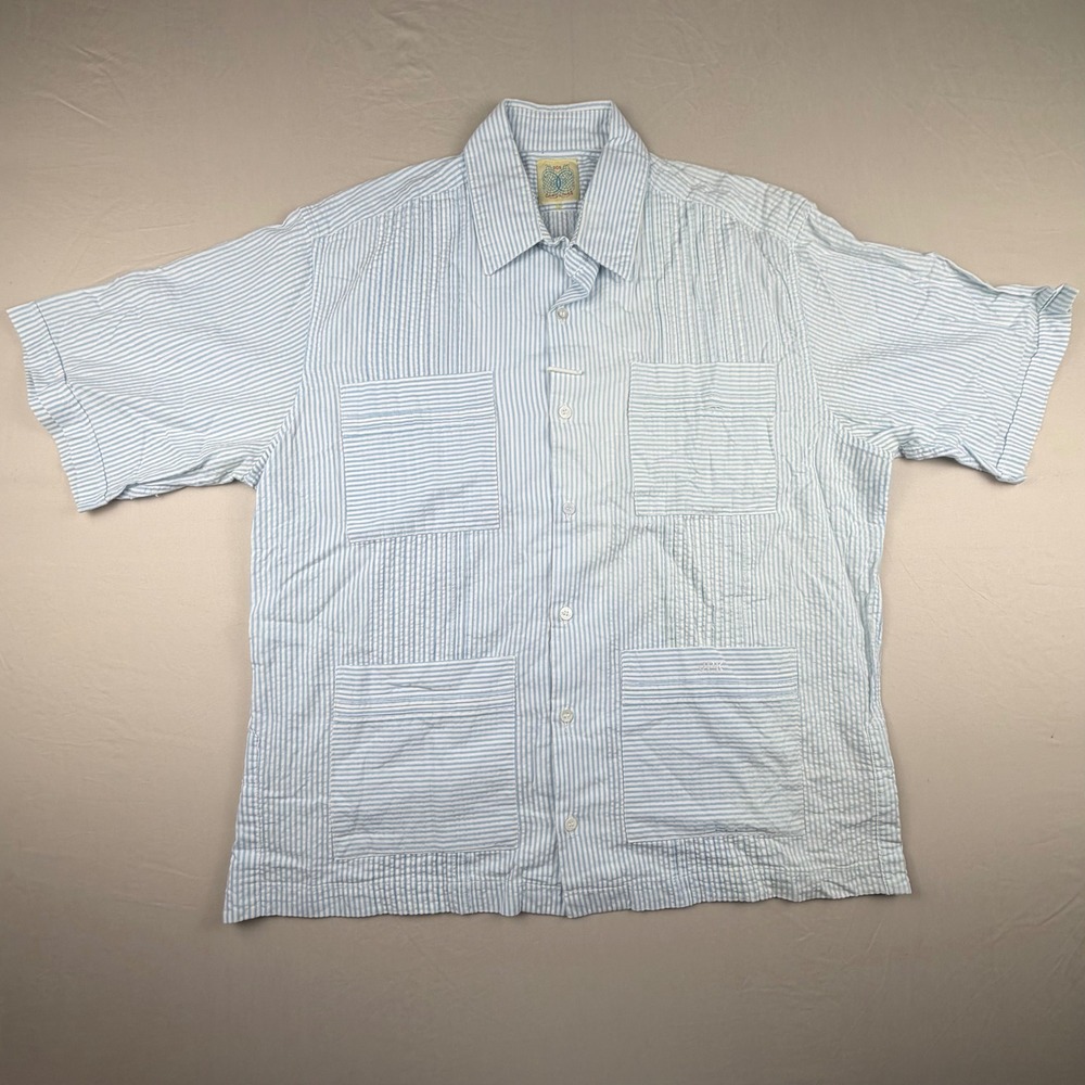 Dos Carolinas Guayabera Shirt Seersucker Stripe Mens XL Blue White 4 Pocket